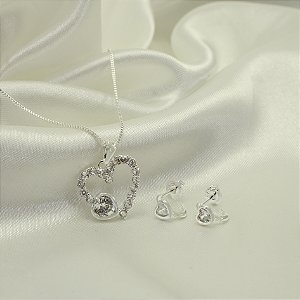 Conjunto de Coração com Zircônia Cristal Banhado a Prata