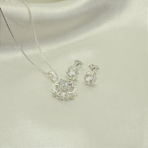 Conjunto de Flor com Zircônia Cristal Banhado a Prata