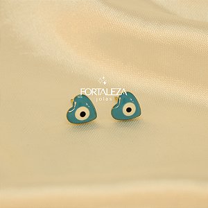 Brinco de Coração Olho Grego Resinado e Banhado a Ouro 18k