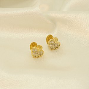 Brinco Argola Coração Duplo com Zircônia Banhado a Ouro 18k