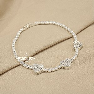 Pulseira com Corações Cravejados Banhado a Prata 925