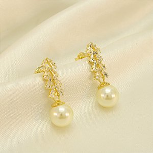 Brinco de Pérola com Zircônia Cristal Banhado a Ouro 18k