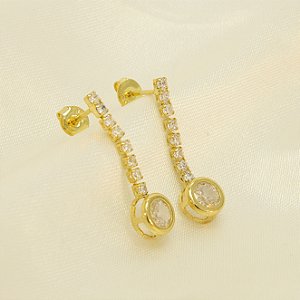 Brinco com Fio em Zircônias Cristal Banhado a Ouro 18k