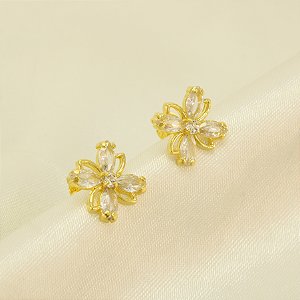 Brinco de Flor com Zircônia Cristal Banhado Ouro 18k