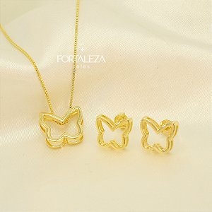 Conjunto de Borboleta Vazada Banhado a Ouro 18k