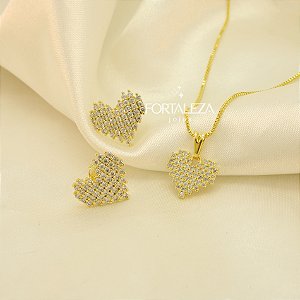 Conjunto de Coração Cravejado em Zircônia Banhado a Ouro 18k