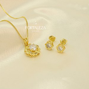 Conjunto de Flor com Zircônia Cristal Banhado a Ouro 18k