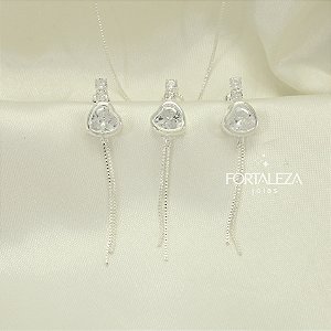 Conjunto de Coração com Zircônia Cristal Banhado a Prata