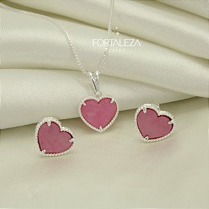 Conjunto de Coração com Resina Banhado a Prata