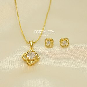 Conjunto de Flor com Zircônia Cristal Banhado a Ouro 18k