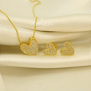 Conjunto de Coração Cravejado em Zircônia Banhado a Ouro 18k