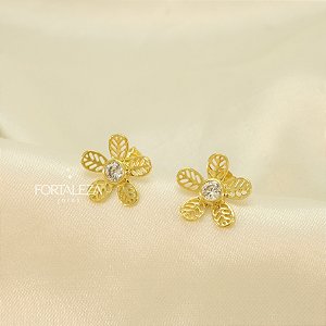 Brinco de Flor com Zircônia Cristal Banhado a Ouro 18k
