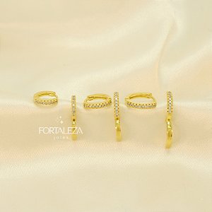 Brinco Argola em Trio Cravejado Banhado a Ouro 18k