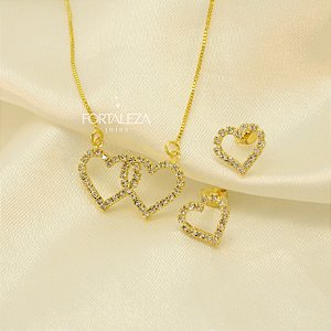 Conjunto de Corações Cravejados Banhado a Ouro 18k