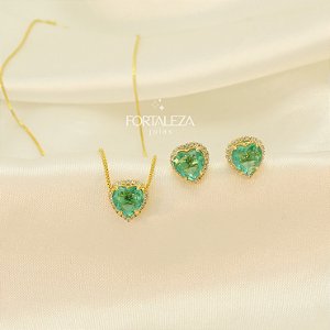 Conjunto de Coração com Zircônias Banhado a Ouro 18k