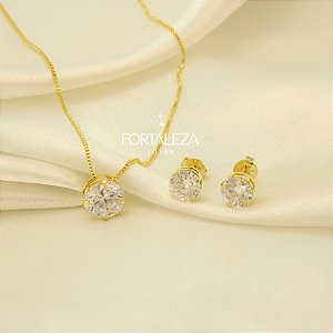 Conjunto Ponto de Luz com Zircônia Banhado a Ouro 18k