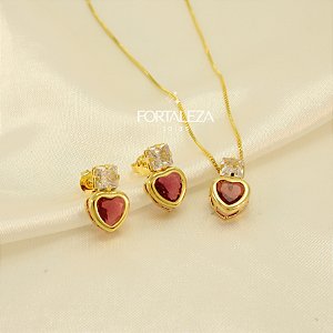 Conjunto de Coração com Zircônias Banhado a Ouro 18k