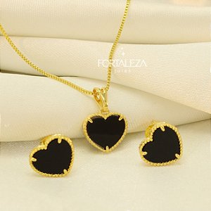 Conjunto de Coração com Resina Banhado a Ouro 18k