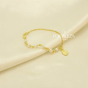 Pulseira de Pérolas com Medalha Milagrosa Banhado a Ouro 18k
