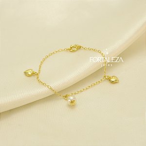 Pulseira com Pérola e Coração Banhado a Ouro 18k