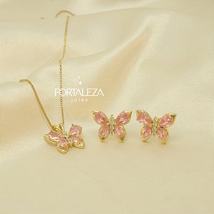 Conjunto Borboleta Cravejada em Zircônia Banhado a Ouro 18k