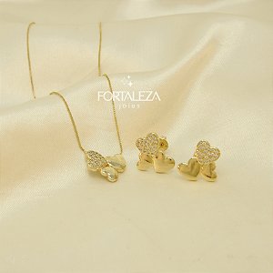 Conjunto de Corações com Zircônia Cristal Banhado a Ouro 18k