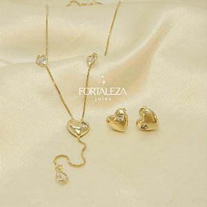 Conjunto Coração com Detalhe em Zircônia Banhado a Ouro 18k