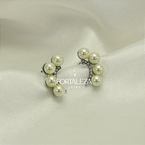 Brinco Ear Cuff Pérolas e Zircônias Banhado a Ouro Branco