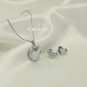 Conjunto Coração Facetado Banhado a Ouro Branco