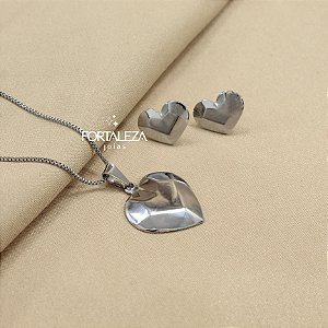 Conjunto Coração Facetado Banhado a Ouro Branco