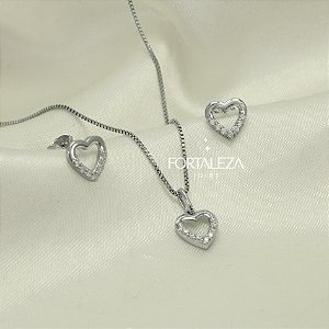Conjunto de Coração com Zircônia Banhado a Ouro Branco