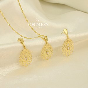 Conjunto Gota Rendada com Zircônia Banhado a Ouro 18k