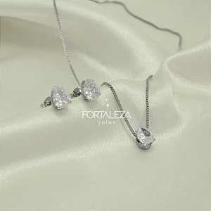 Conjunto de Gota com Zircônia Cristal Banhado a Ouro Branco