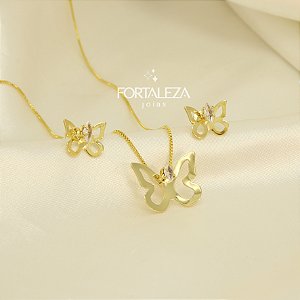 Conjunto Borboleta com Ponto de Luz Banhado a Ouro 18k