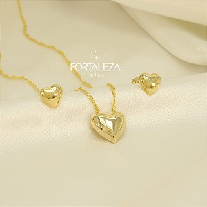 Conjunto de Coração Polido Banhado a Ouro 18k