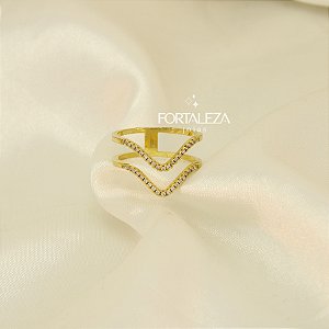 Anel de Aro Duplo com Zircônias Banhado a Ouro 18k