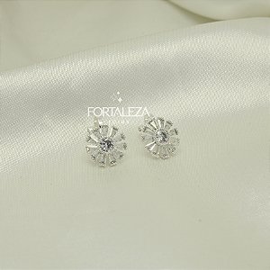 Brinco de Pressão com Flor Cravejada Banhado a Prata