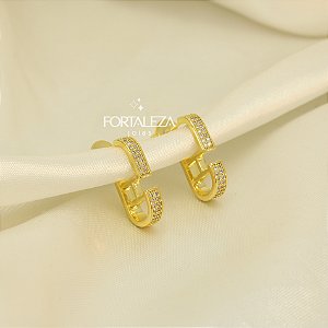 Brinco Argola Geométrico Cravejado e Banhado a Ouro 18k