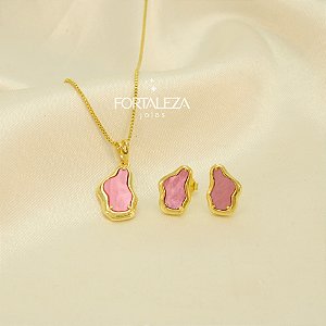 Conjunto Orgânico com Resina Banhado a Ouro 18k