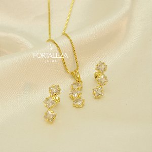 Conjunto Geométrico com Zircônia Cristal Banhado a Ouro 18k