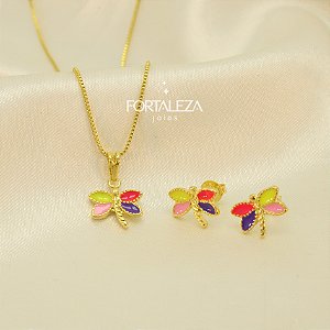 Conjunto Libélula Resinada Banhado a Ouro 18k