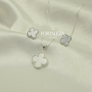 Conjunto Trevo com Resina Banhado a Prata
