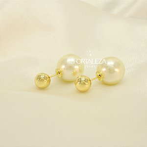 Brinco Ear Jacket de Bolinha e Pérola Banhado a Ouro 18k