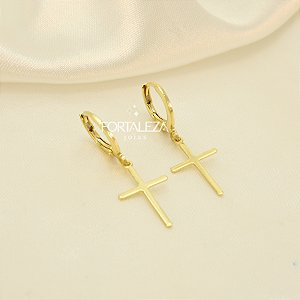 Brinco Argola Tranqueta de Cruz Banhado a Ouro 18k