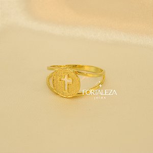 Anel de Cruz Texturizado Banhado a Ouro 18k