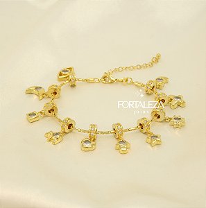 Pulseira de Berloques com Zircônia Banhado a Ouro 18k
