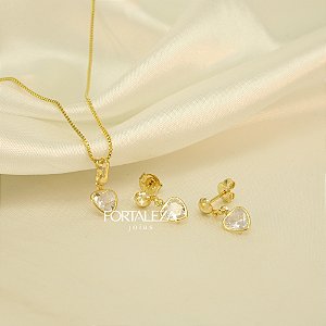 Conjunto de Coração com Zircônia Cristal Banhado a Ouro 18k