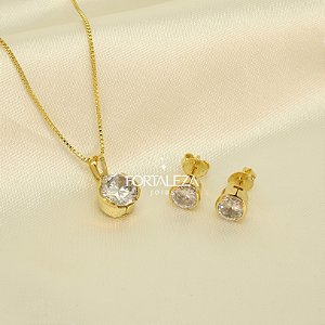 Conjunto Ponto de Luz com Zircônia Banhado a Ouro 18k