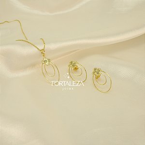 Conjunto de Flor com Elos Ovais Banhado a Ouro 18k