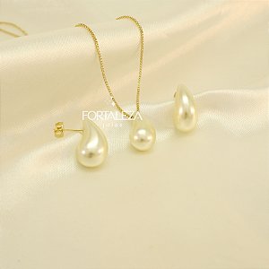 Conjunto Gota de Pérola Banhado a Ouro 18k